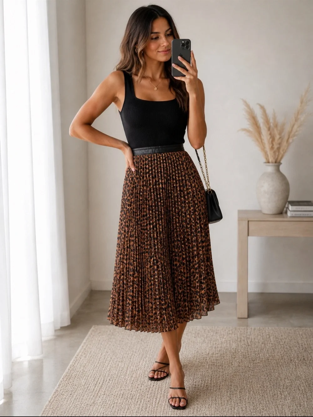 Zara Leopard Print Pleated Satin Midi Skirt XS